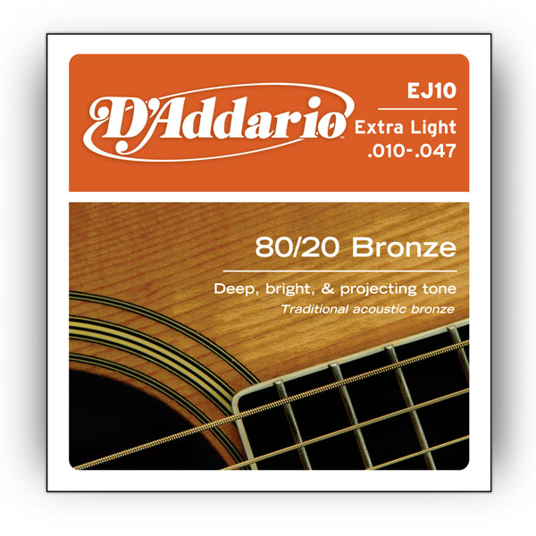 Комплект струн для акустичної гітари D'ADDARIO EJ10 80/20 BRONZE EXTRA LIGHT 10-47