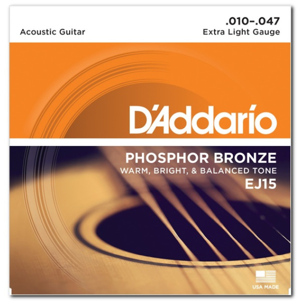 Комплект струн для акустичної гітари D'ADDARIO EJ15 PHOSPHOR BRONZE EXTRA LIGHT 10-47