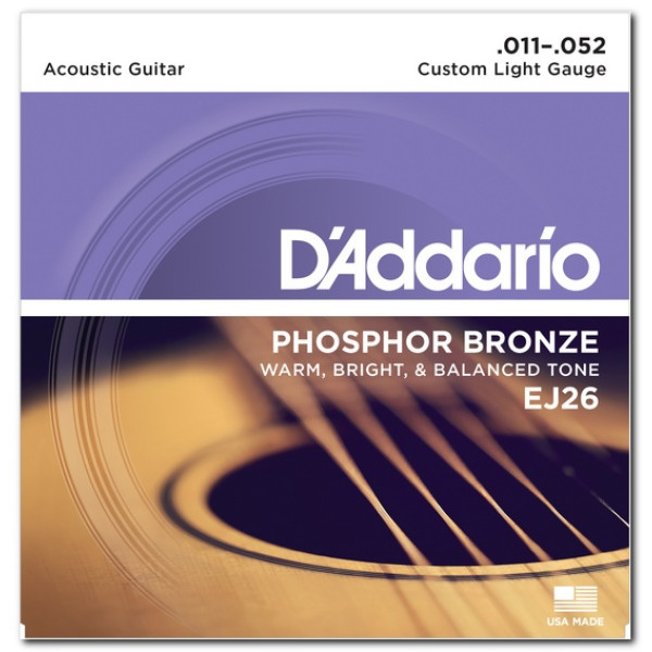 Комплект струн для акустичної гітари D'ADDARIO EJ26 PHOSPHOR BRONZE CUSTOM LIGHT 11-52