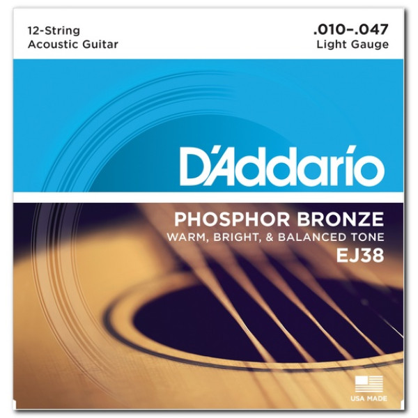 Комплект струн для акустичної гітари D'ADDARIO EJ38 PHOSPHOR BRONZE LIGHT 12-STRING 10-47