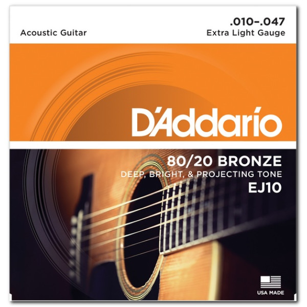 Комплект струн для акустичної гітари D'ADDARIO EJ10 80/20 BRONZE EXTRA LIGHT 10-47