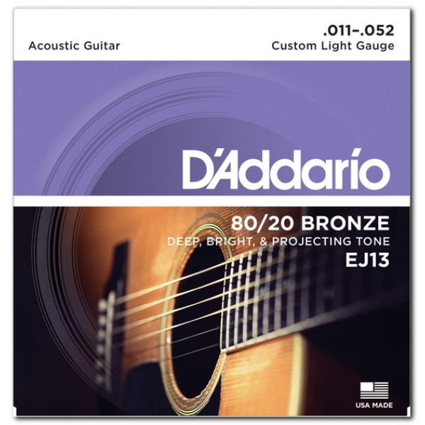 Комплект струн для акустичної гітари D'ADDARIO EJ13 80/20 BRONZE CUSTOM LIGHT (11-52)