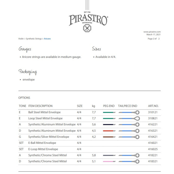 Комплект струн для скрипки PIRASTRO Aricore 416021