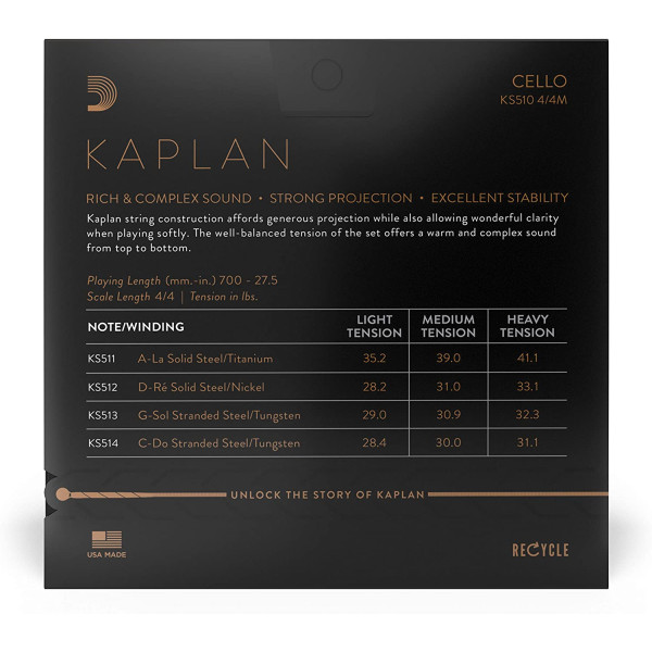 Комплект струн для віолончелі D'ADDARIO KAPLAN CELLO STRING SET 4/4 Scale Medium Tension