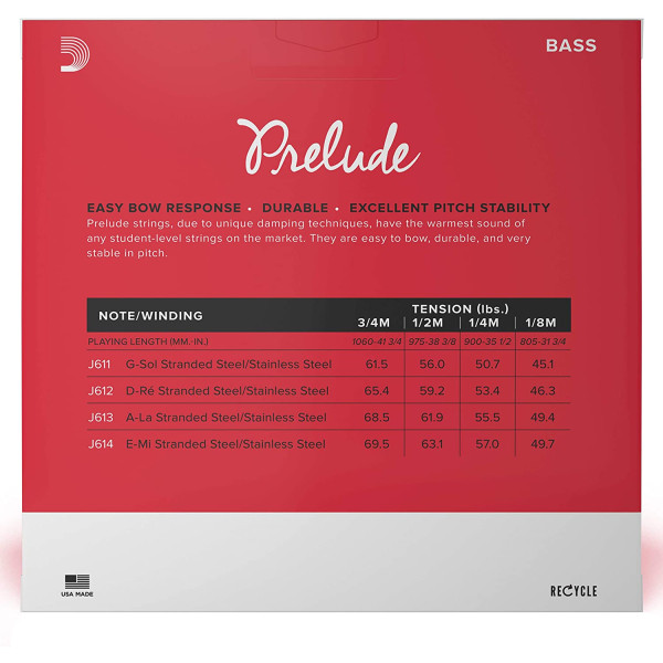 Комплект струн для контрабаса D'ADDARIO PRELUDE BASS STRING SET 3/4 Scale Medium Tension