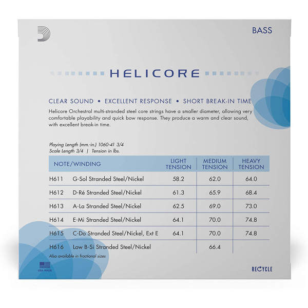 Комплект струн для контрабаса D'ADDARIO HELICORE ORCHESTRAL BASS STRING SET 3/4 Scale Medium Tension