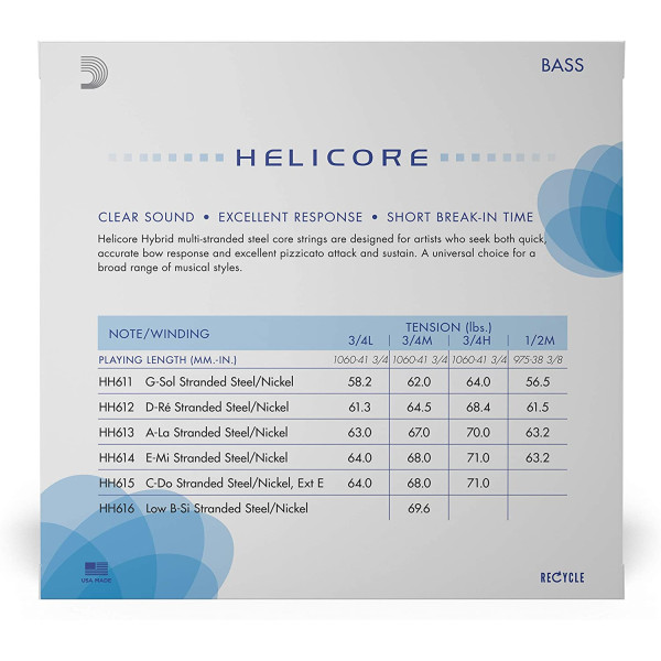 Комплект струн для контрабаса D'ADDARIO HELICORE HYBRID BASS STRING SET 3/4 Scale Medium Tension