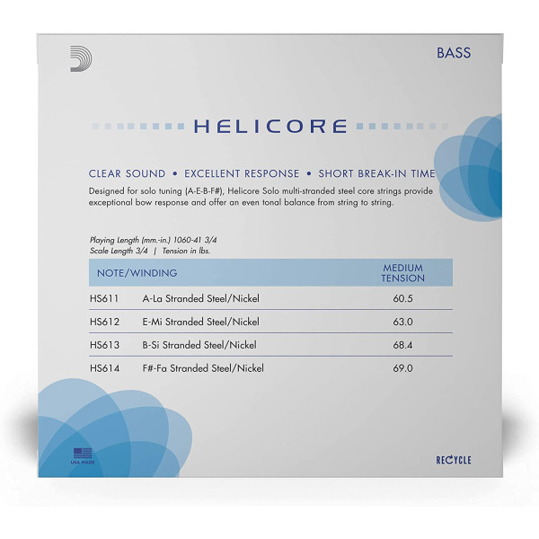 Комплект струн для контрабаса D'ADDARIO HELICORE SOLO BASS STRING SET 3/4 Scale Medium Tension