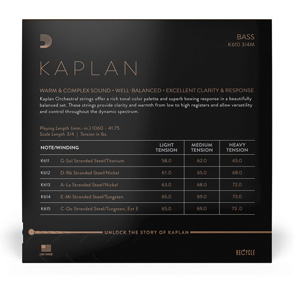 Комплект струн для контрабаса D'ADDARIO KAPLAN BASS STRING SET 3/4 Scale, Medium Tension