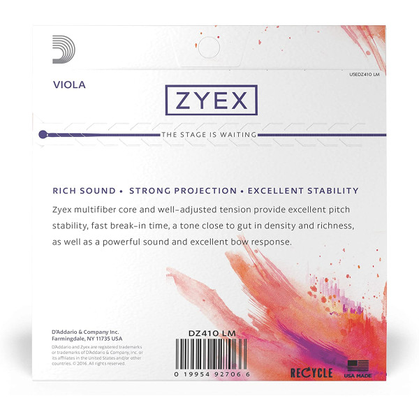 Комплект струн для альта D'ADDARIO ZYEX VIOLA STRING SET Long Scale, Medium Tension