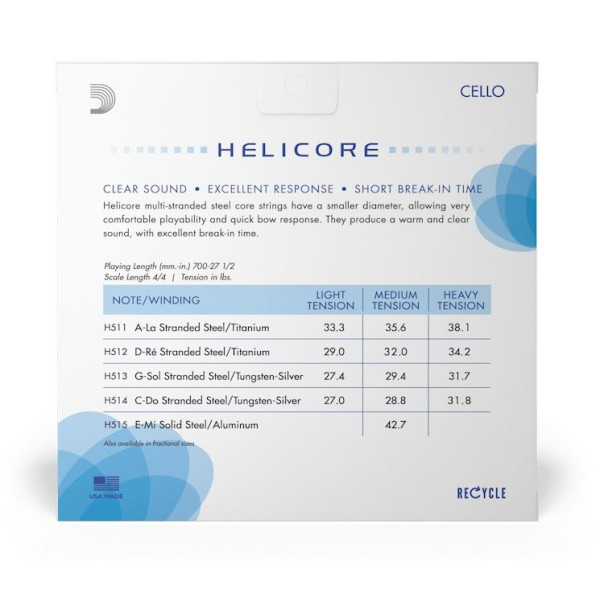 Комплект струн для віолончелі D'ADDARIO HELICORE CELLO STRING SET 4/4 Scale Heavy Tension