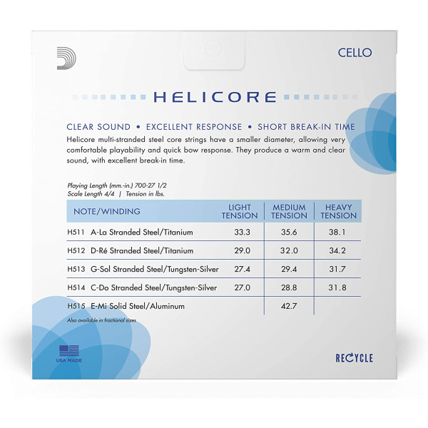 Комплект струн для віолончелі D'ADDARIO HELICORE CELLO STRING SET 4/4 Scale Medium Tension