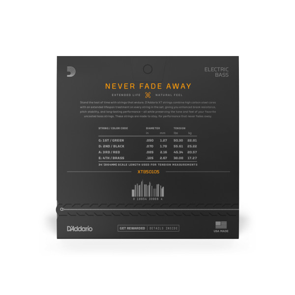 Комплект струн для бас-гітари D'ADDARIO XTB50105 XT BASS NICKEL PLATED STEEL MEDIUM (50-105)