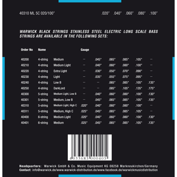 Комплект струн для бас-гітари WARWICK 40310 Black Label Medium Light 5-String High C (20-100)