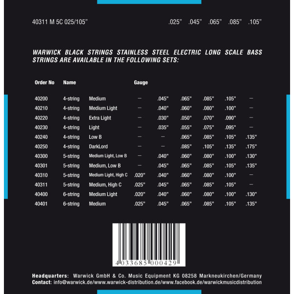 Комплект струн для бас-гітари WARWICK 40311 Black Label Medium 5-String High C (25-105)