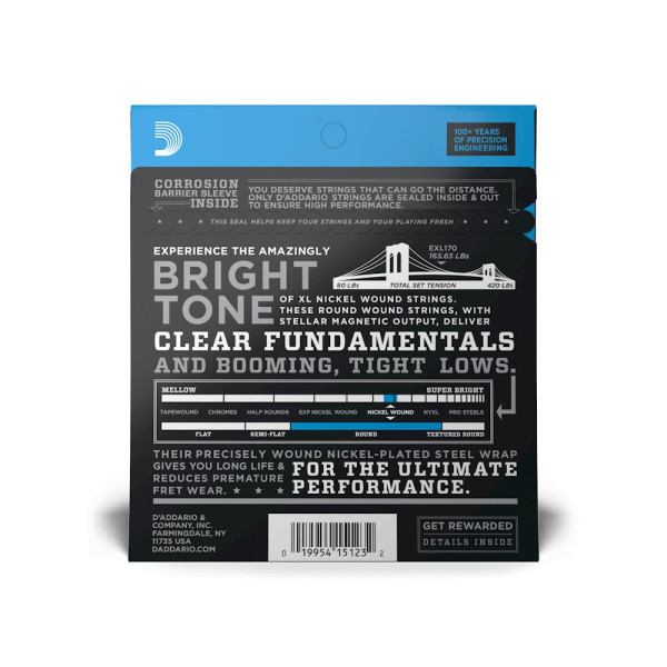 Комплект струн для бас-гітари D'ADDARIO EXL170 XL NICKEL WOUND BASS REGULAR LIGHT (45-100)