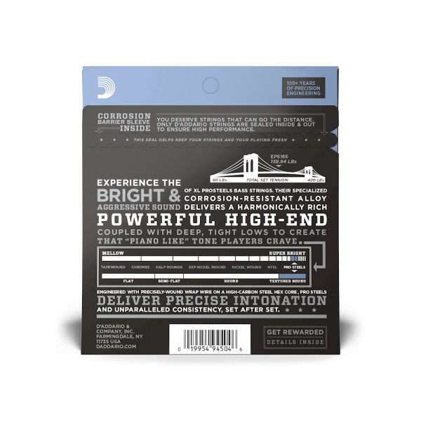 Комплект струн для бас-гітари D'ADDARIO EPS165 XL PROSTEELS REG LIGHT TOP / MED BOTTOM (45-105)
