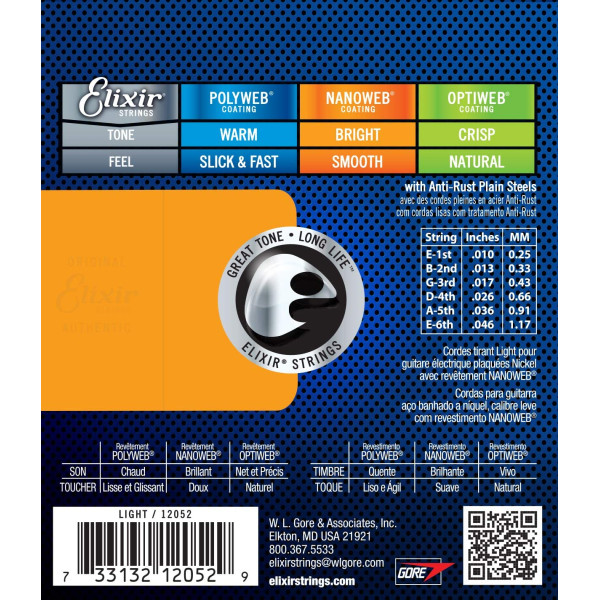 Комплект струн для електрогітари ELIXIR 12052 NICKEL PLATED STEEL NANOWEB 10-46