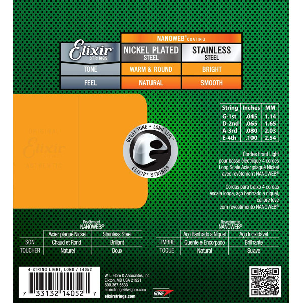 Комплект струн для бас-гітари ELIXIR 14052 NICKEL PLATED STEEL NANOWEB 45-100