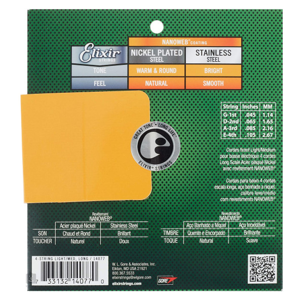 Комплект струн для бас-гітари ELIXIR 14077 NICKEL PLATED STEEL NANOWEB 45-105