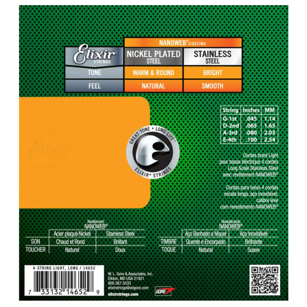 Комплект струн для бас-гітари ELIXIR 14652 STAINLESS STEEL NANOWEB 45-100