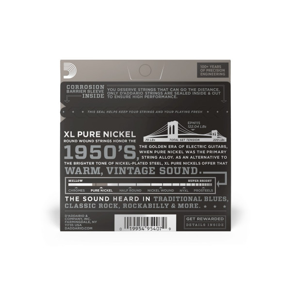 Комплект струн для електрогітари D'ADDARIO EPN115 XL PURE NICKEL BLUES/JAZZ ROCK (11-48)