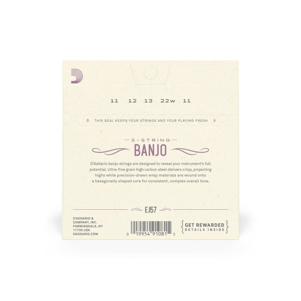 Комплект струн для банджо D'ADDARIO EJ57 BANJO NICKEL PLATED STEEL CUSTOM MEDIUM (11-22)