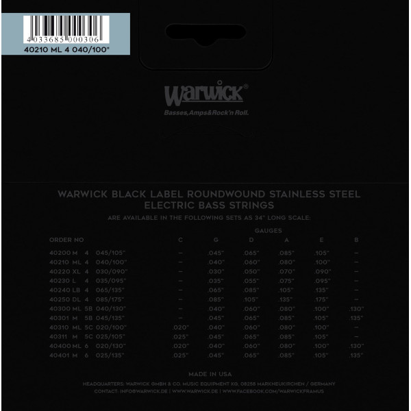 Комплект струн для бас-гітари WARWICK 40210 BLACK LABEL ML4 (40-100)