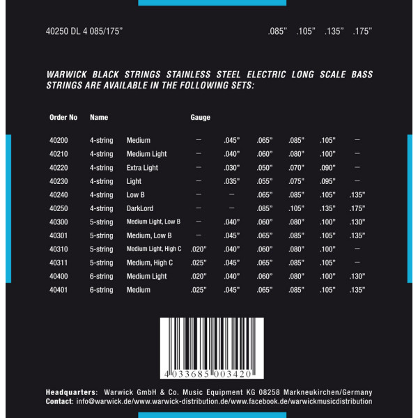 Комплект струн для бас-гітари WARWICK 40250 BLACK LABEL DL4 (85-175)