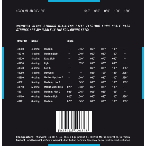Комплект струн для бас-гітари WARWICK 40300 BLACK LABEL ML5B (40-130)