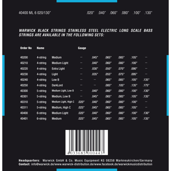 Комплект струн для бас-гітари WARWICK 40400 BLACK LABEL ML6 (20-130)