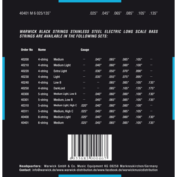 Комплект струн для бас-гітари WARWICK 40401 BLACK LABEL M6 (25-135)