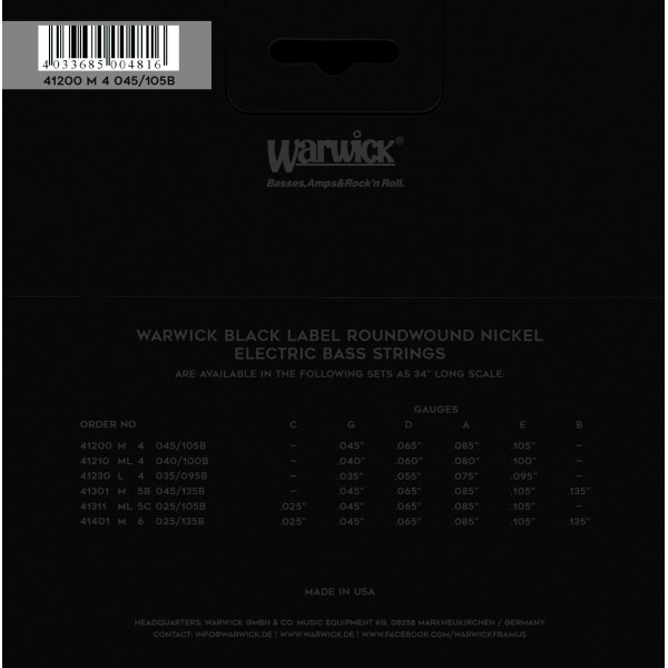 Комплект струн для бас-гітари WARWICK 41200 Black Label, Nickel-Plated, Medium 4-String (45-105)