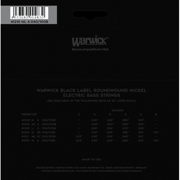 Комплект струн для бас-гітари WARWICK 41210 Black Label, Nickel-Plated, Medium Light 4-String (40-100)