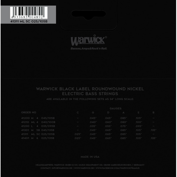 Комплект струн для бас-гітари WARWICK 41311 Black Label, Nickel-Plated, Medium Light 5-String High C (25-105)