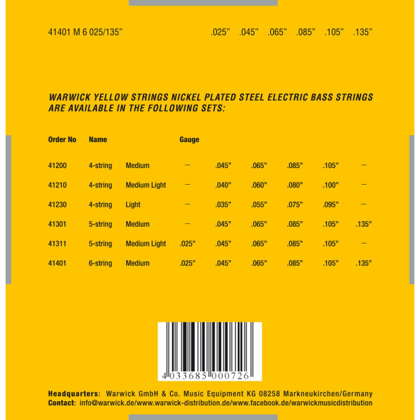 Комплект струн для бас-гітари WARWICK 41401 YELLOW LABEL M6 (25-135)